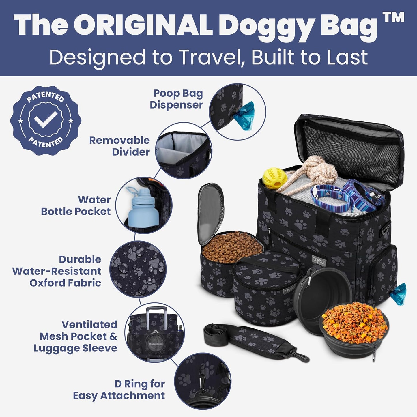 Complete Dog Travel Bag – Pet Travel Kit with 2 Food Containers & 2 BPA-Free Bowls for Road Trips & Camping