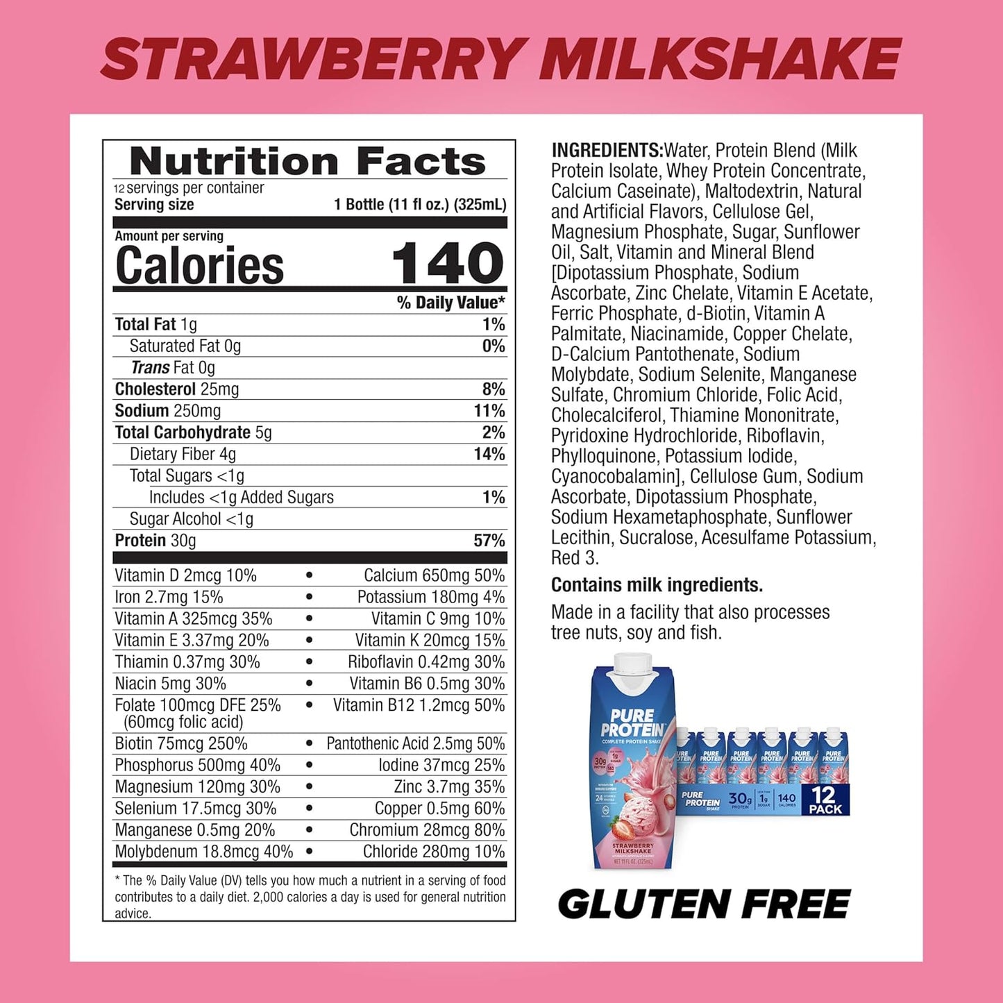 Pure Protein Strawberry Protein Shake – 30g Protein, Keto-Friendly, 11oz Bottles (12 Pack)