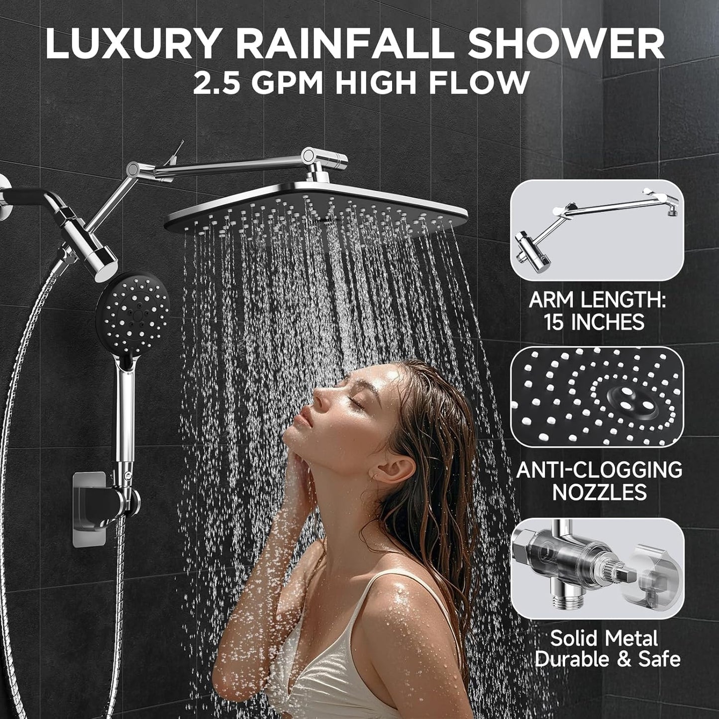 6-Mode Wide Rain Shower Head – High Pressure Handheld Shower Combo with Adjustable Arm and Anti-Clog Design