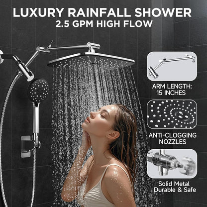 6-Mode Wide Rain Shower Head – High Pressure Handheld Shower Combo with Adjustable Arm and Anti-Clog Design