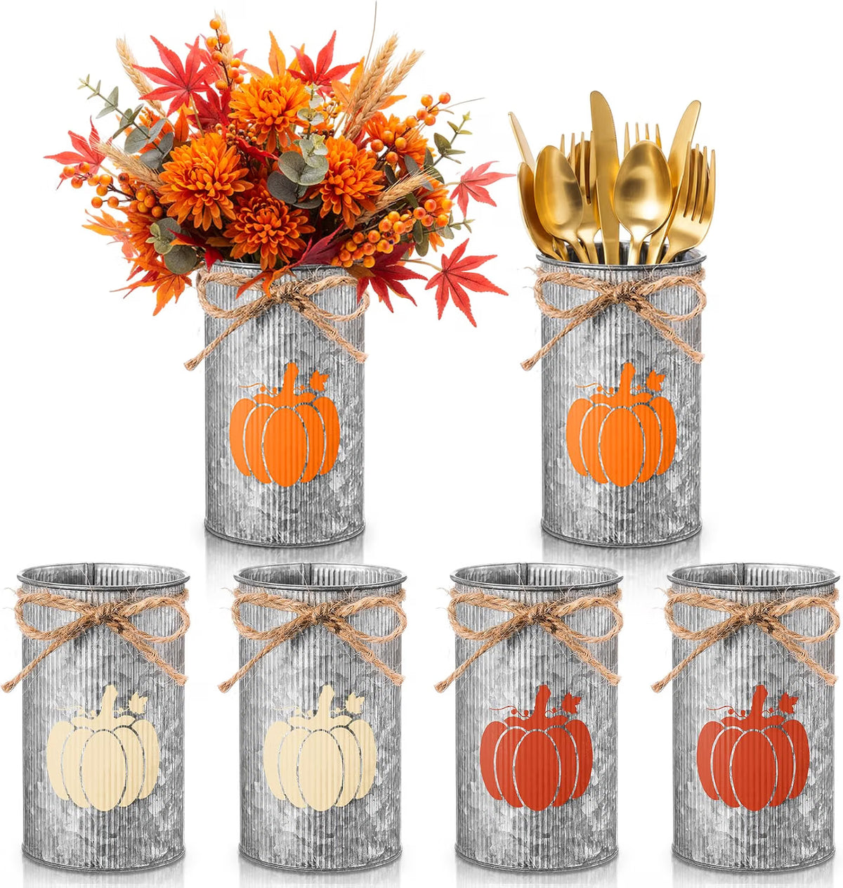 6-Piece Fall Pumpkin Vase Centerpieces – Galvanized Metal Farmhouse Jars for Thanksgiving & Autumn Harvest Décor