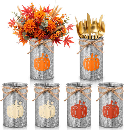 6-Piece Fall Pumpkin Vase Centerpieces – Galvanized Metal Farmhouse Jars for Thanksgiving & Autumn Harvest Décor