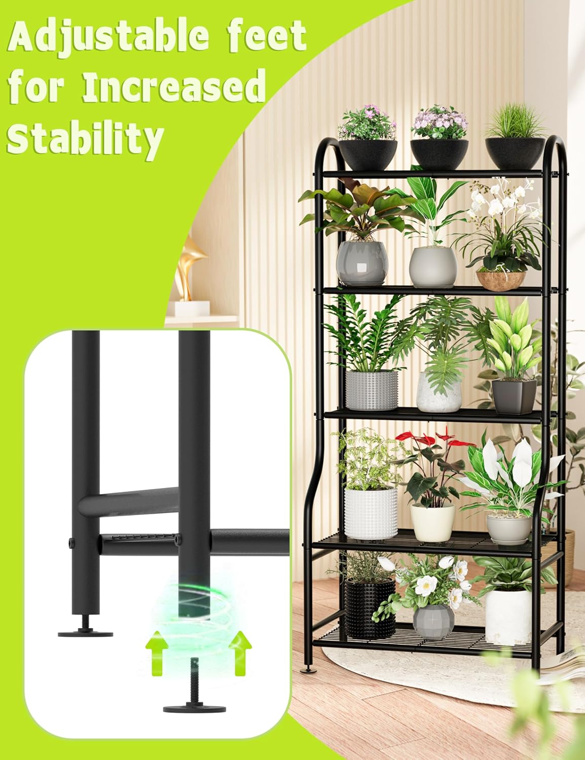 5-Tier Metal Plant Stand – Heavy Duty Waterproof Indoor Outdoor Plant Shelf with Leveling Feet for Living Room, Patio & Garden – Black