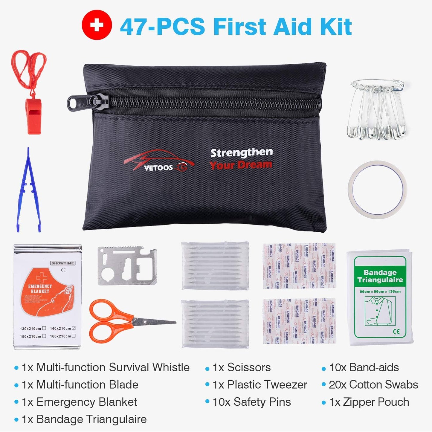 Vetoos Car Roadside Emergency Kit – Jumper Cables, Repair Tools & Folding Shovel