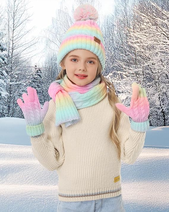 Kids Winter Hat, Scarf & Mittens Set – Fleece-Lined Knit (Ages 9–15, Candy Colors)