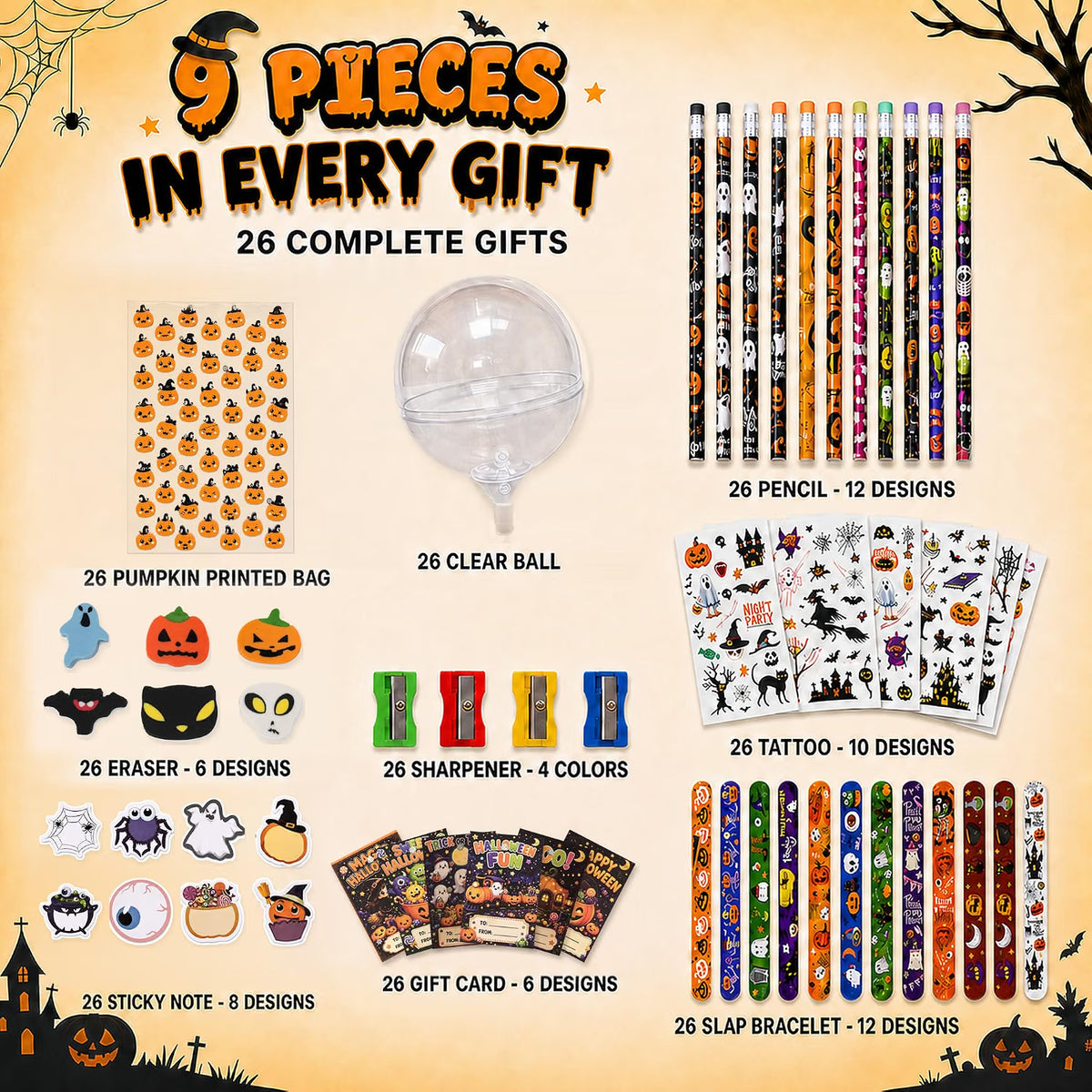 26-Pack Halloween Party Favors for Kids – Lollipop-Shaped Stationery Gift Set with Pencils, Erasers, Tattoos, Bracelets & Cards