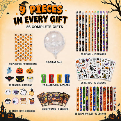 26-Pack Halloween Party Favors for Kids – Lollipop-Shaped Stationery Gift Set with Pencils, Erasers, Tattoos, Bracelets & Cards