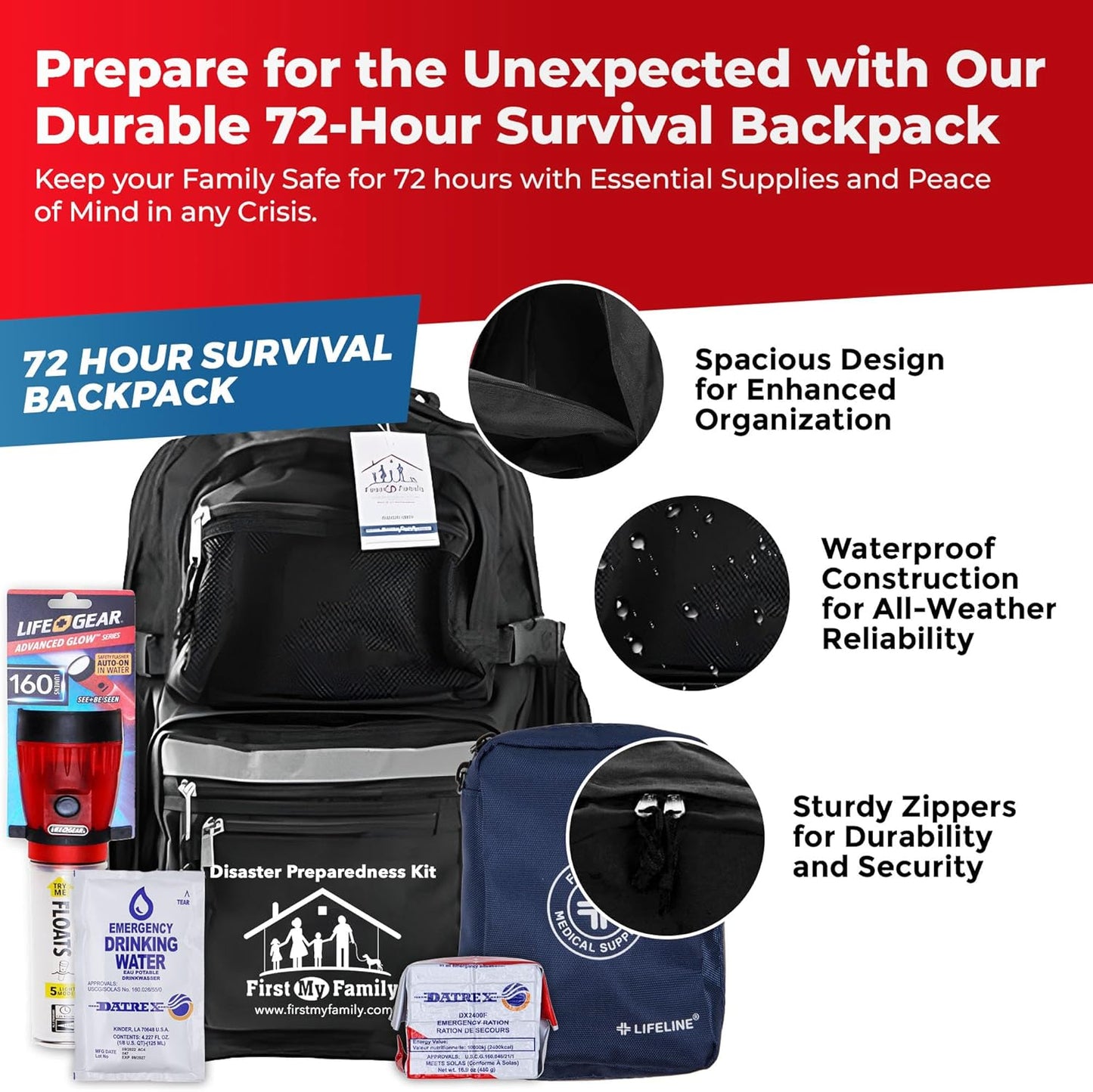 4-Person 72-Hour Emergency Survival Kit – All-in-One Disaster Go-Bag (Black Backpack)