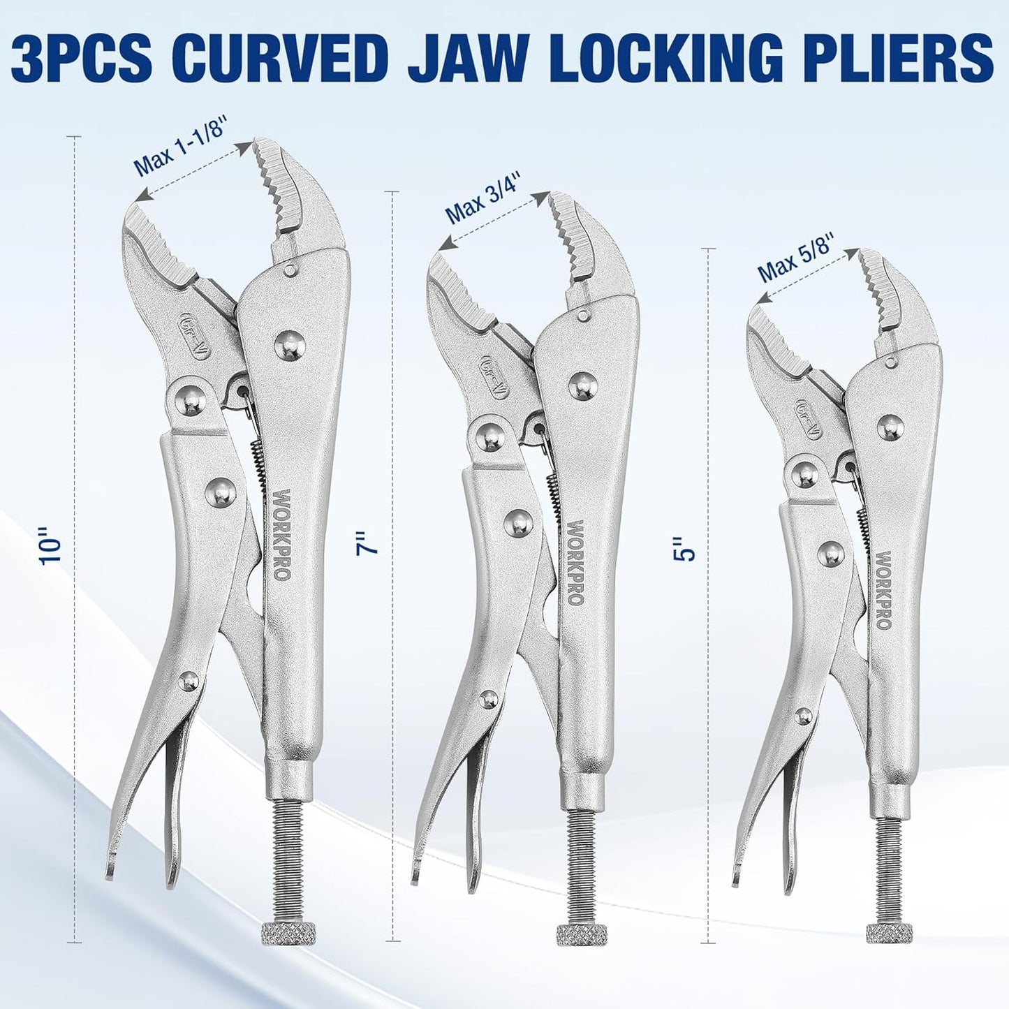 5-Piece Locking Pliers Set with Chrome-Vanadium Steel, 5/7/10" Curved & 6.5/9" Long Nose Pliers