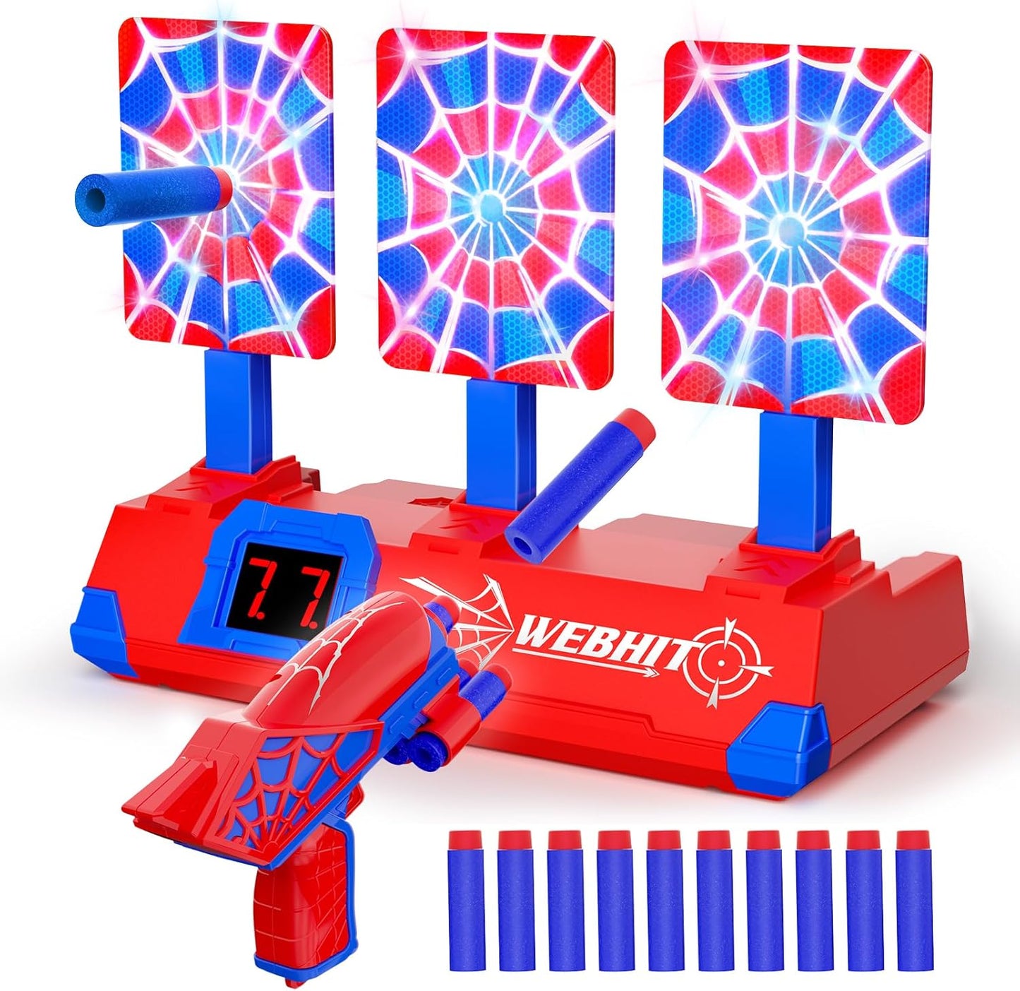 Shooting Toy Set for Boys Ages 3-12 – Hero Style with Glowing Web, Sounds, LCD Scoring, and 3 Auto Reset Targets | Perfect for Indoor/Outdoor Family Games and Gifts!