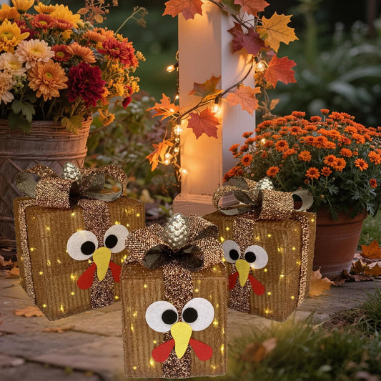 Light-Up Thanksgiving Turkey Gift Boxes – 80-Light Prelit Fall Porch & Table Decorations with 8 Modes & Timer