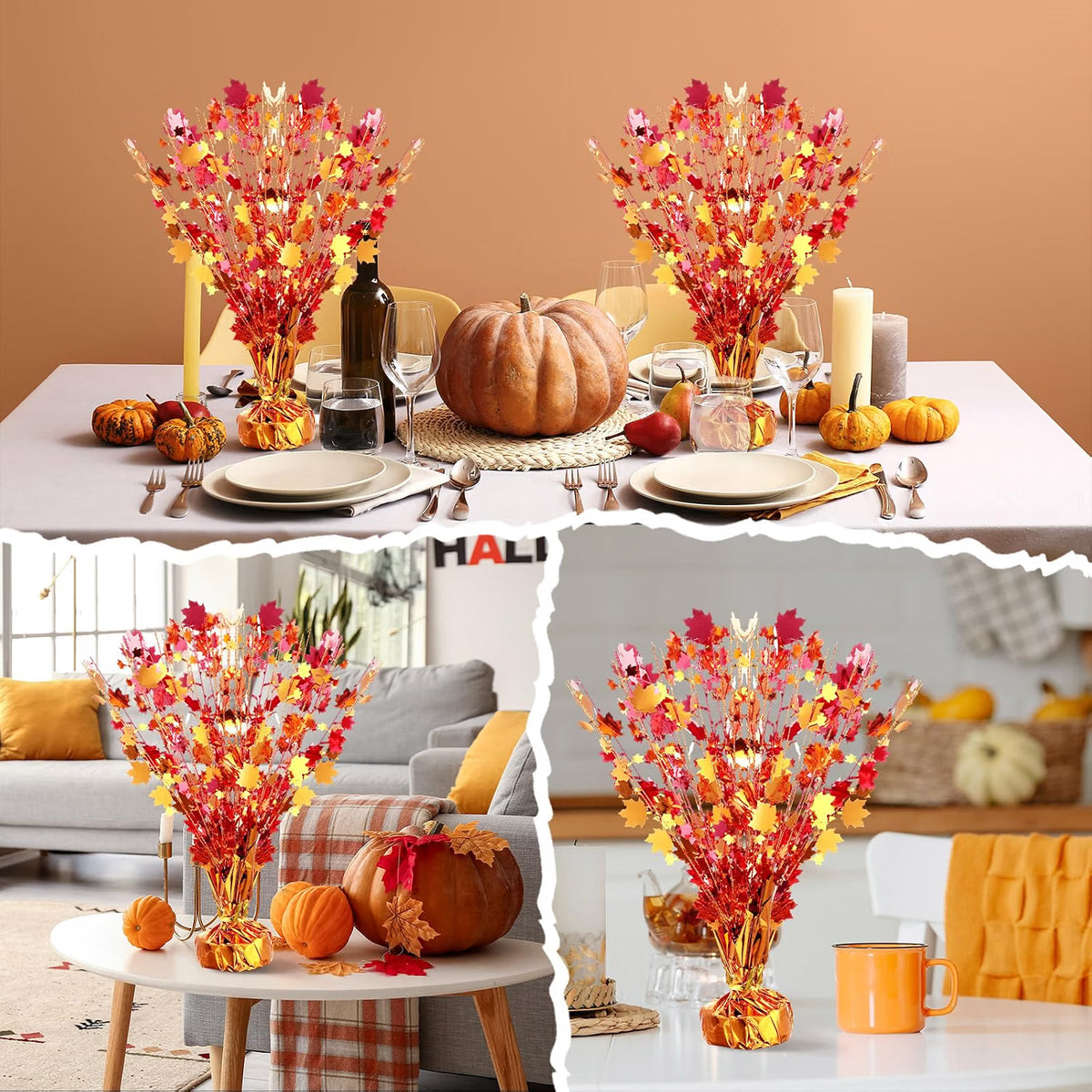 18-Piece Fall Maple Leaf Centerpiece Sprays – Metallic Foil Autumn Decorations for Thanksgiving Table Décor