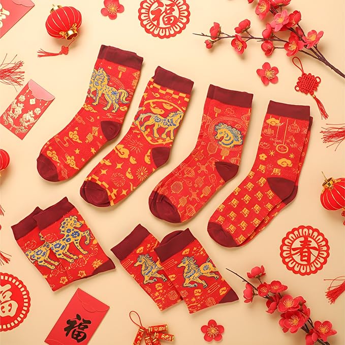 12 Pairs Chinese New Year Horse Socks 2026 - Red Fortune Cotton Socks for Men and Women