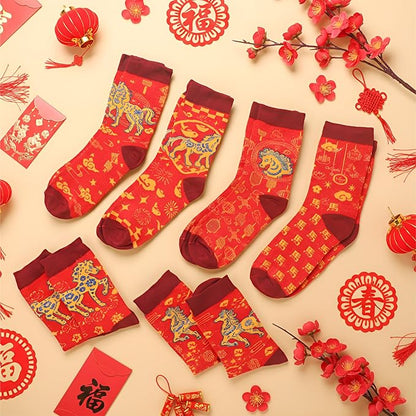 12 Pairs Chinese New Year Horse Socks 2026 - Red Fortune Cotton Socks for Men and Women