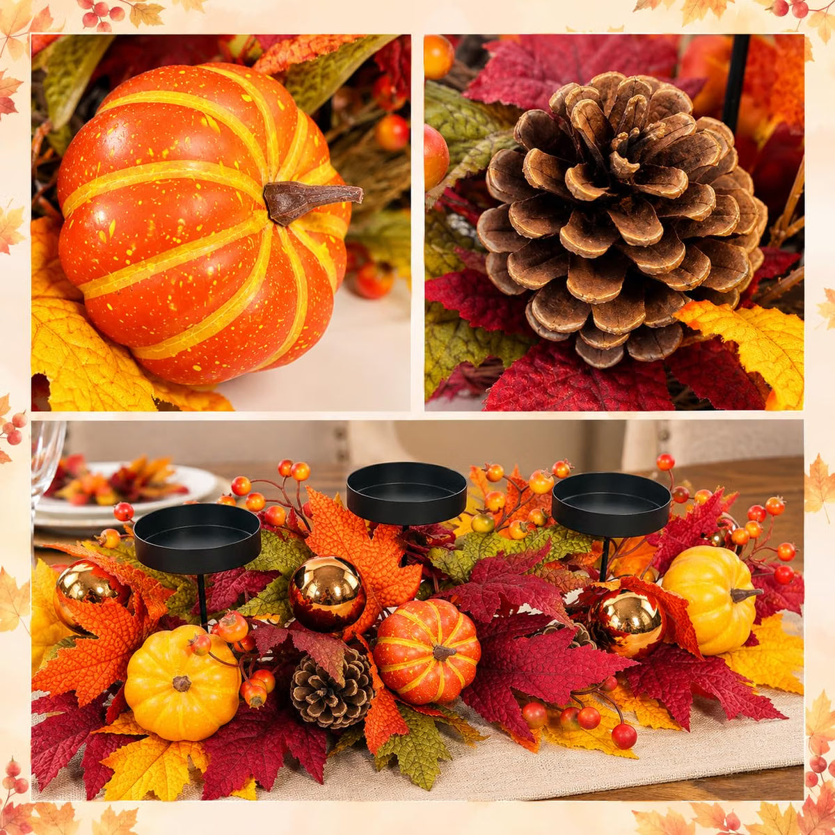 Fall Candle Holder Centerpiece – 3-Candle Thanksgiving Table Décor, 27.56-Inch Autumn Arrangement