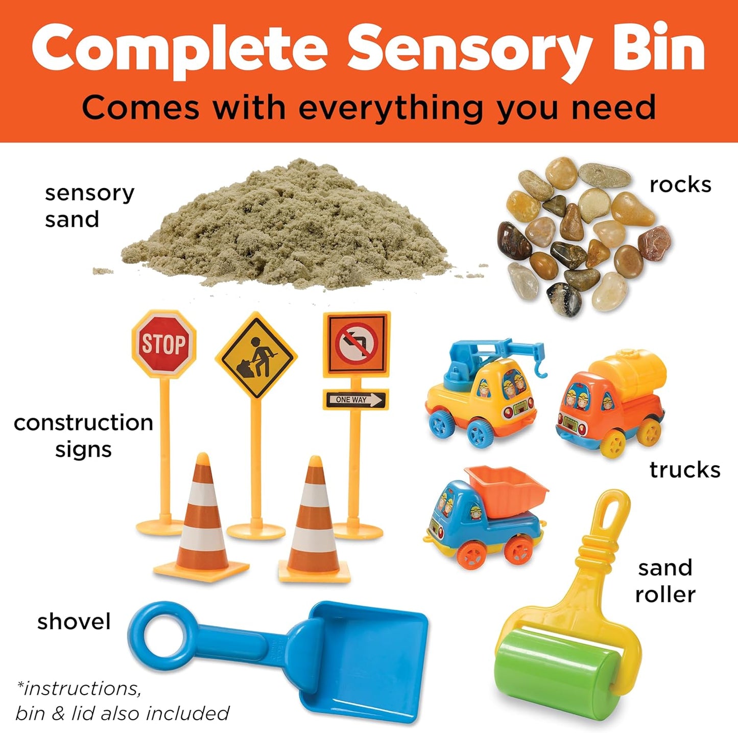 Construction Zone Sensory Bin Playset - Excavator Toys for Ages 3-5