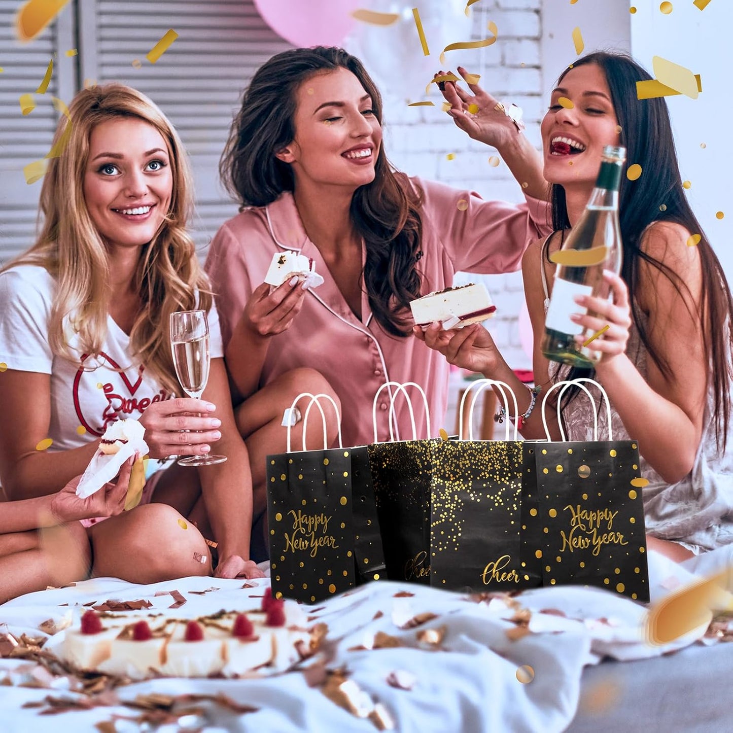 36 Pcs Happy New Year Gift Bags - Black Kraft Paper Bags with Handles (Gold Foiled) for Parties and Favors