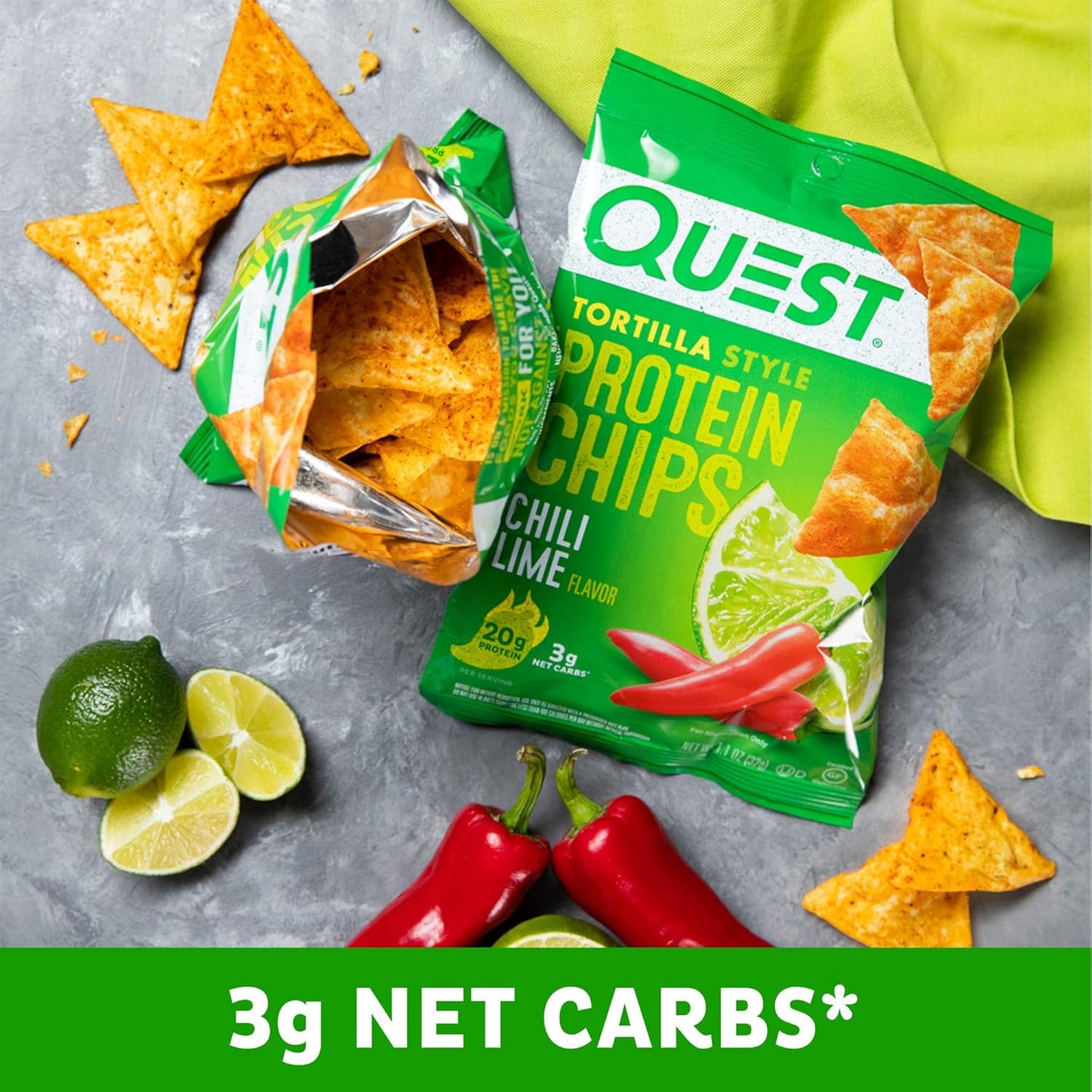Chili Lime Tortilla-Style Protein Chips – 20g Protein, 3g Net Carbs, Gluten-Free (Pack of 12)