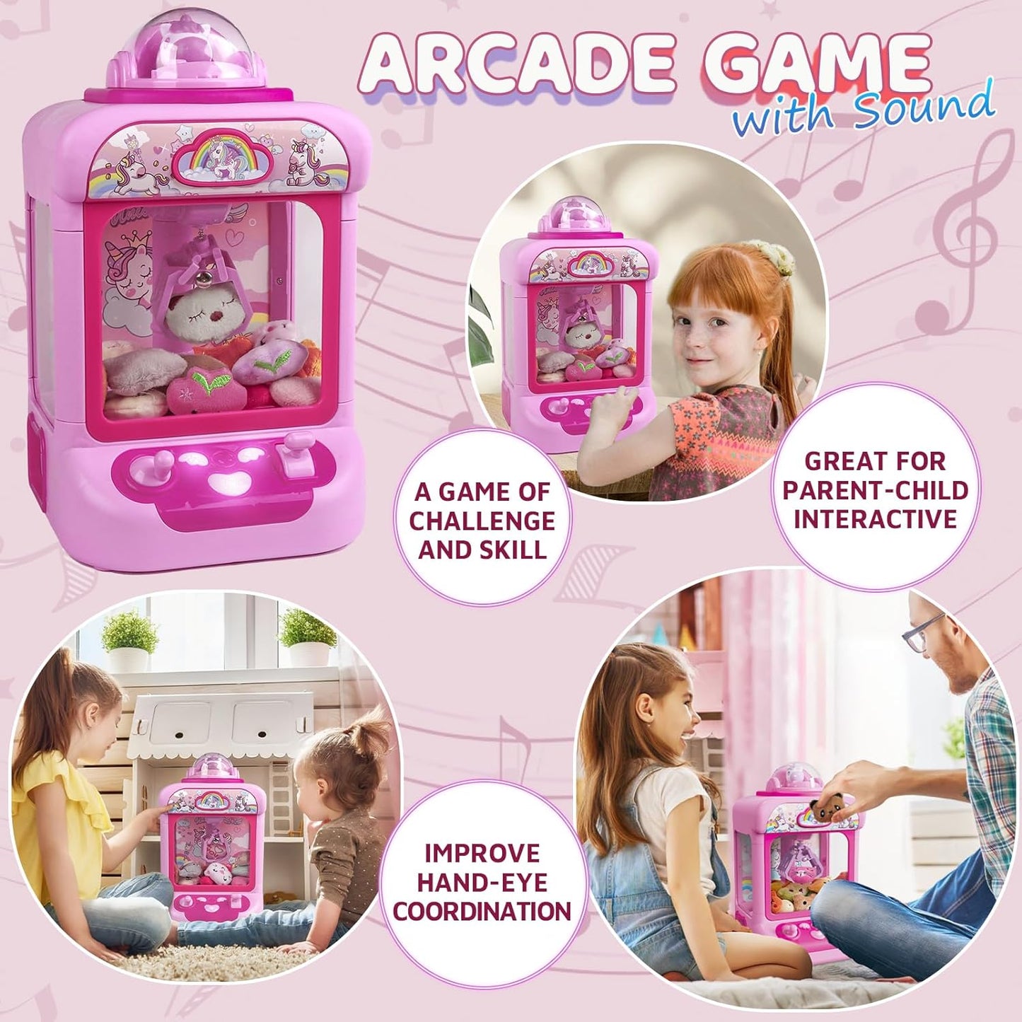 Claw Machine for Kids, Candy Grabber Prize Dispenser with Sound & 20 Mini Plush Toys
