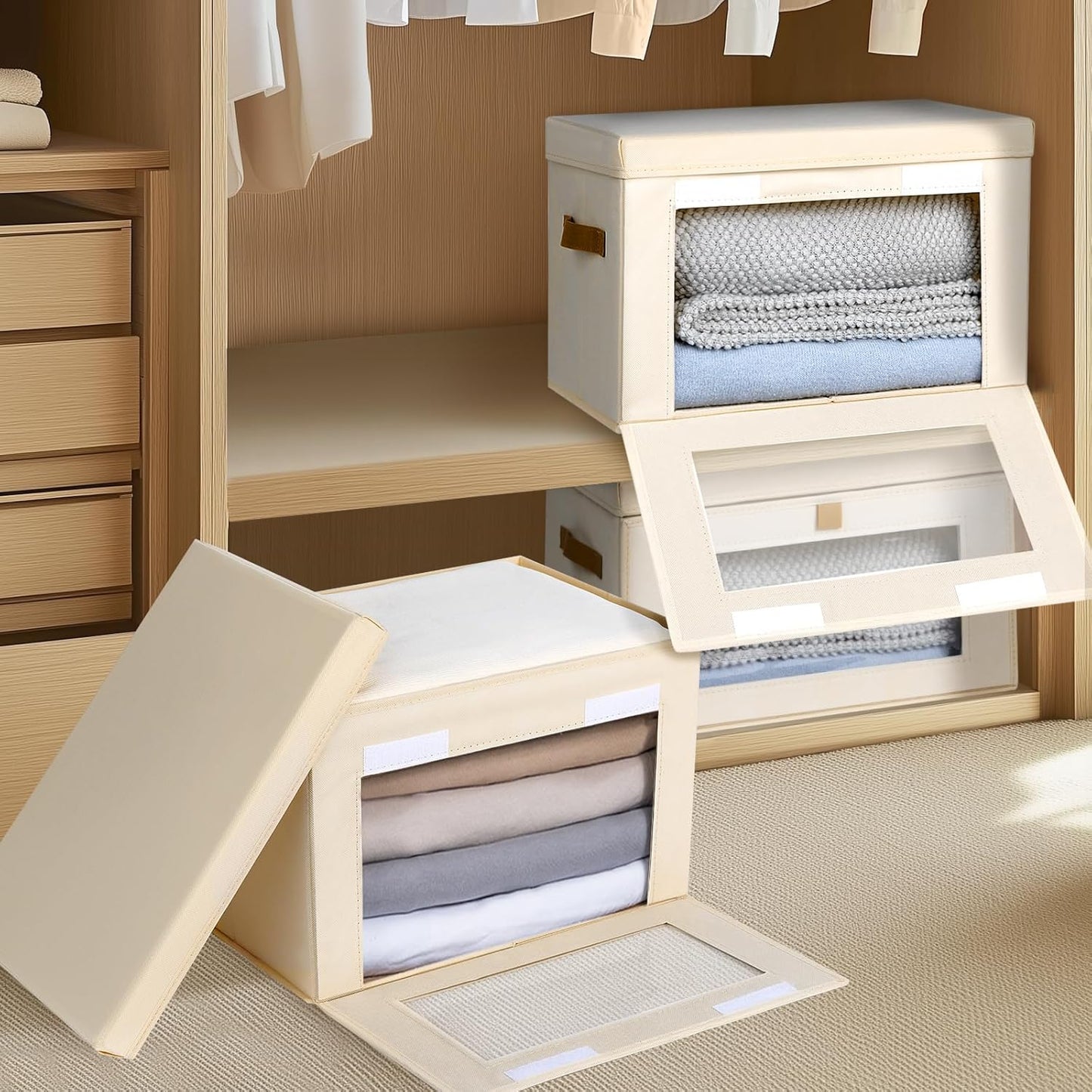 Large Closet Storage Organizer – Fabric Storage Bins with Handles & Window (2-Pack, Beige)