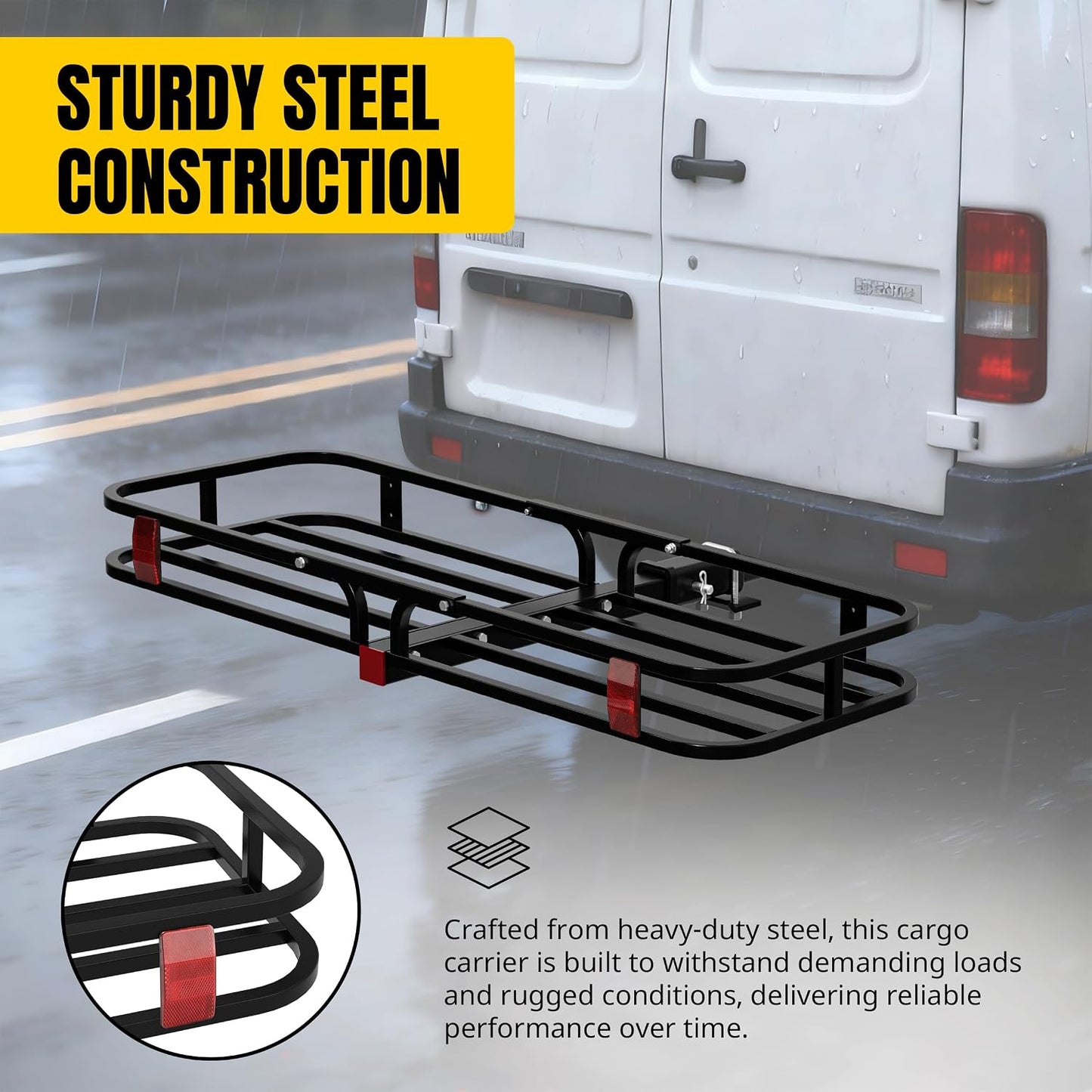 Heavy-Duty Hitch Cargo Carrier – 53" x 19.5" Steel Trailer-Mount Cargo Basket with High Side Rails, 500 lb Capacity for 2" Receivers, Black