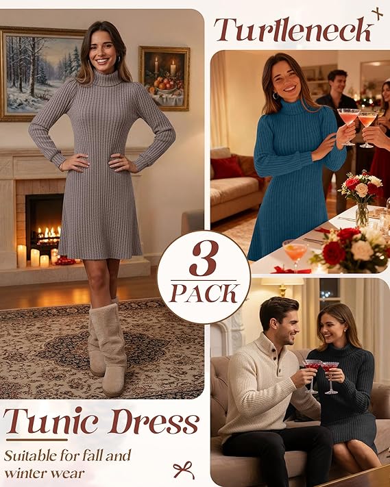 3-Pack Women’s Turtleneck Sweater Dresses – Long Sleeve Ribbed Knit Mini Bodycon