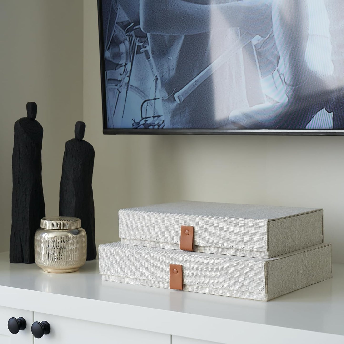 Set of 2 Decorative Linen Photo Storage Boxes with Lids - Stylish Organizers for Keepsakes
