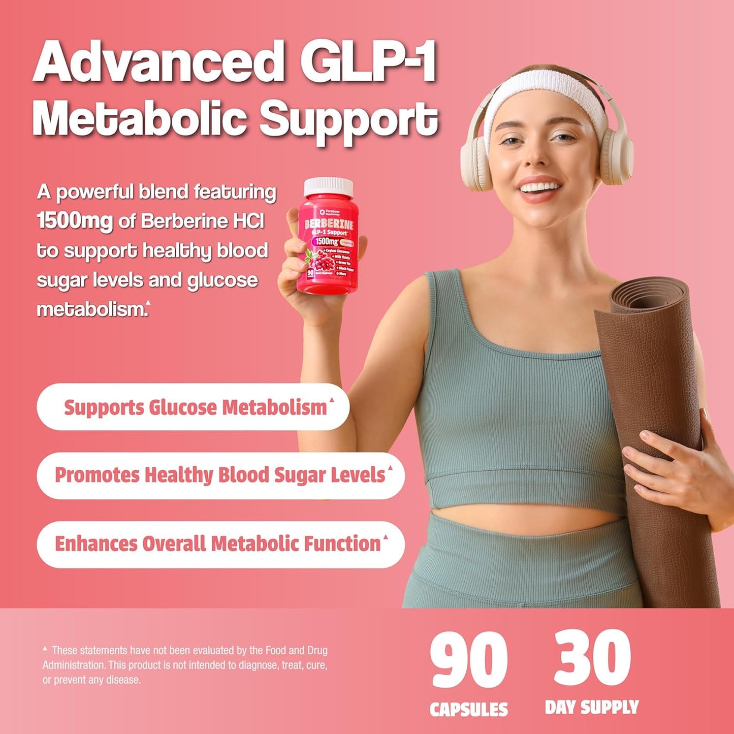 Berberine 1500mg GLP-1 Support Supplement – Appetite Control with Cinnamon & Green Tea (90 Veggie Capsules)