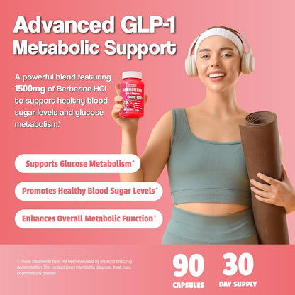 Berberine 1500mg GLP-1 Support Supplement – Appetite Control with Cinnamon & Green Tea (90 Veggie Capsules)
