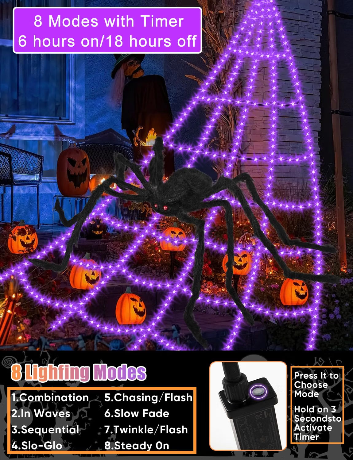 16.4 FT Halloween Spider Web Lights with Spider – 550 LED Waterproof Outdoor Yard Decoration with 8 Lighting Modes & Memory Function