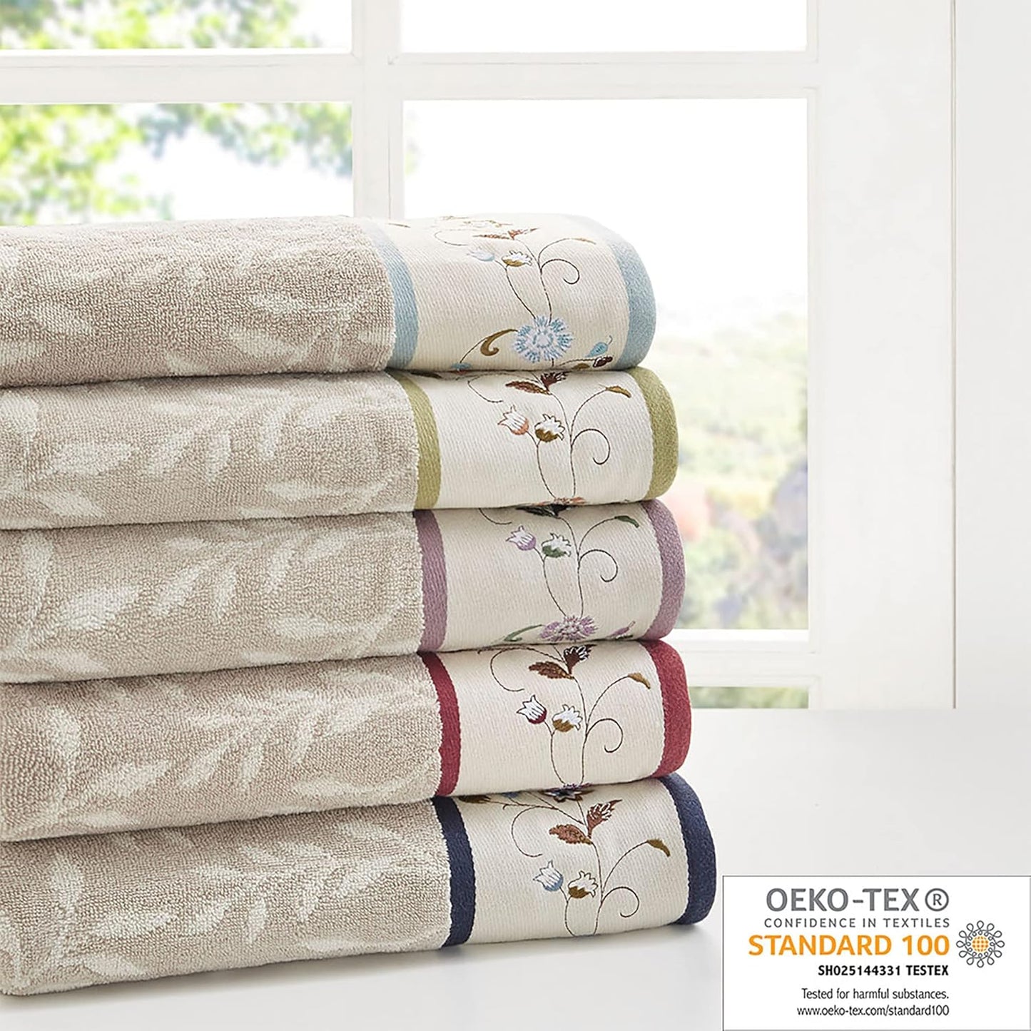 6-Piece Luxurious Floral Cotton Bath Towel Set with Embroidered Jacquard Design