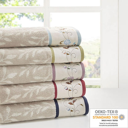6-Piece Luxurious Floral Cotton Bath Towel Set with Embroidered Jacquard Design