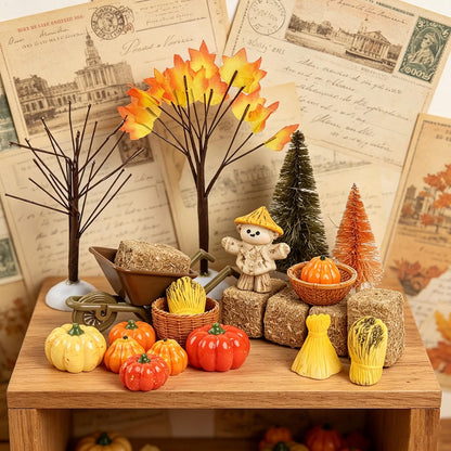 33-Piece Mini Fall Resin Figurine Set – Pumpkins, Scarecrow, Trees & Farm Miniatures for Thanksgiving Harvest Table Décor