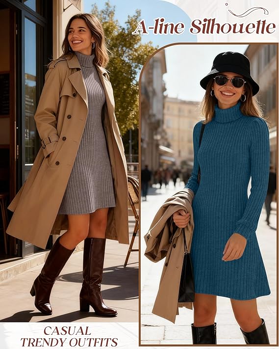 3-Pack Women’s Turtleneck Sweater Dresses – Long Sleeve Ribbed Knit Mini Bodycon