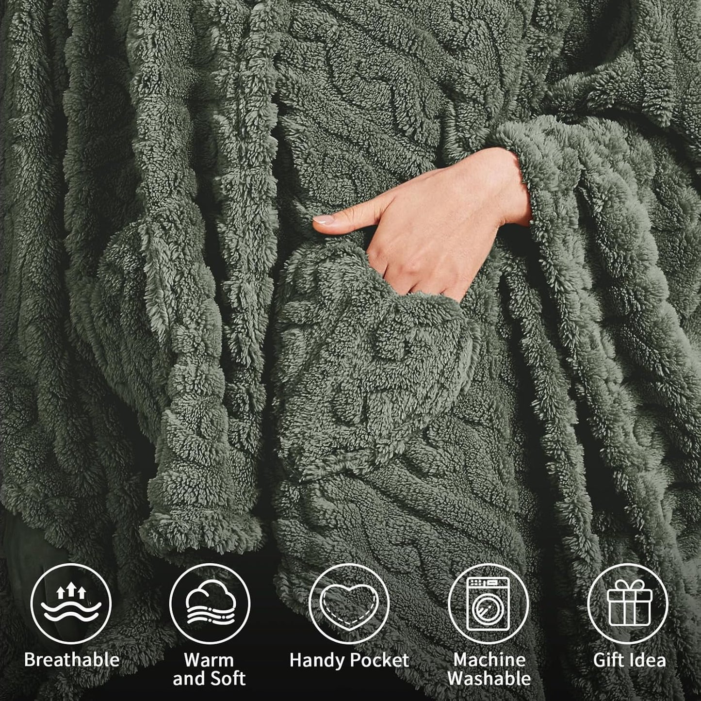 Wearable Blanket Poncho – Cozy Sherpa Fleece Shawl with Pockets (Green, 58" x 64")