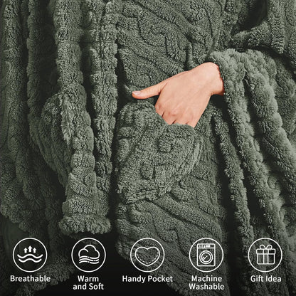Wearable Blanket Poncho – Cozy Sherpa Fleece Shawl with Pockets (Green, 58" x 64")