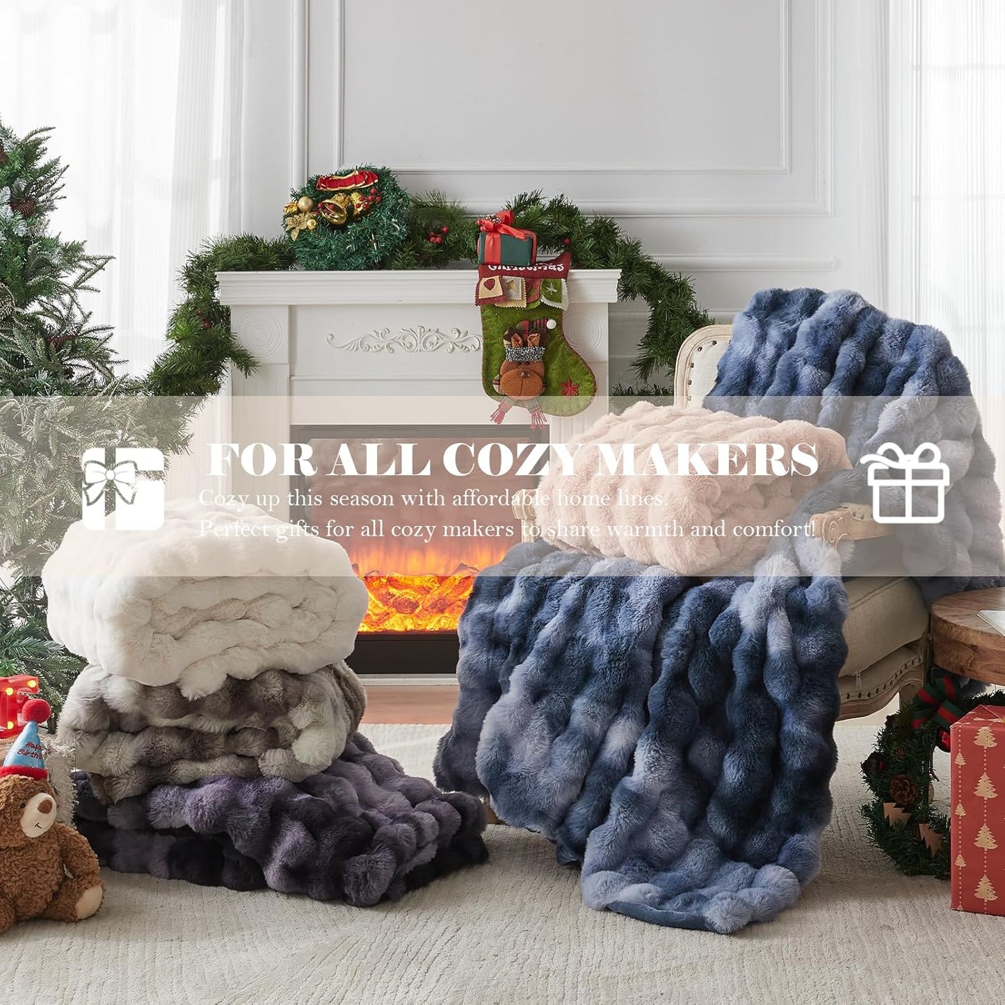 Faux Fur Throw Blanket – 1000 GSM Plush Bubble Sherpa (Ivory White, 50x60)