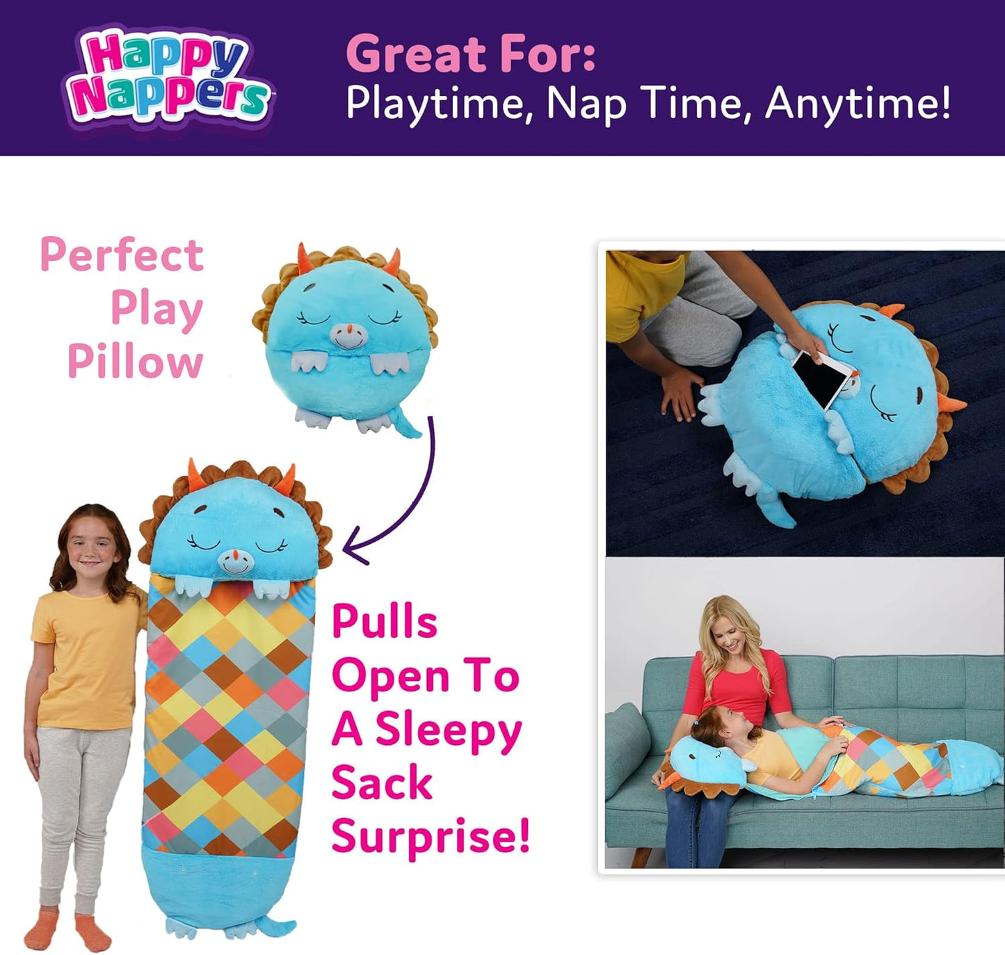 2-in-1 Pillow & Sleepy Sack – Large Blue Triceratops (66 x 30), Plush Animal That Opens Into a Soft Sleeping Bag
