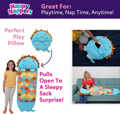 2-in-1 Pillow & Sleepy Sack – Large Blue Triceratops (66 x 30), Plush Animal That Opens Into a Soft Sleeping Bag
