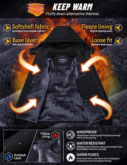Men’s Waterproof Winter Ski Jacket – Insulated Thermal Snowboard Coat for Cold Weather & Snow Sports, Black, Medium