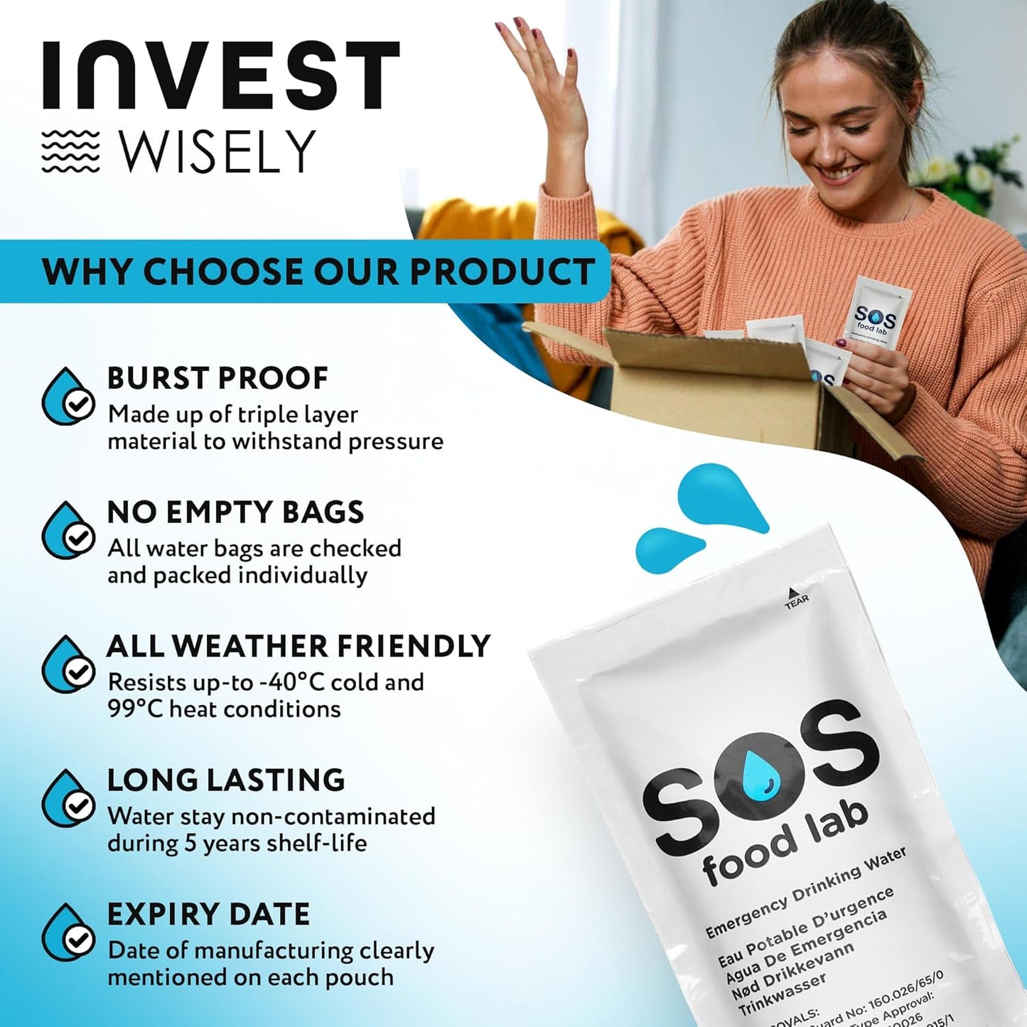 S.O.S. Emergency Drinking Water – 62 Packets, 5-Year Shelf Life Survival Supply