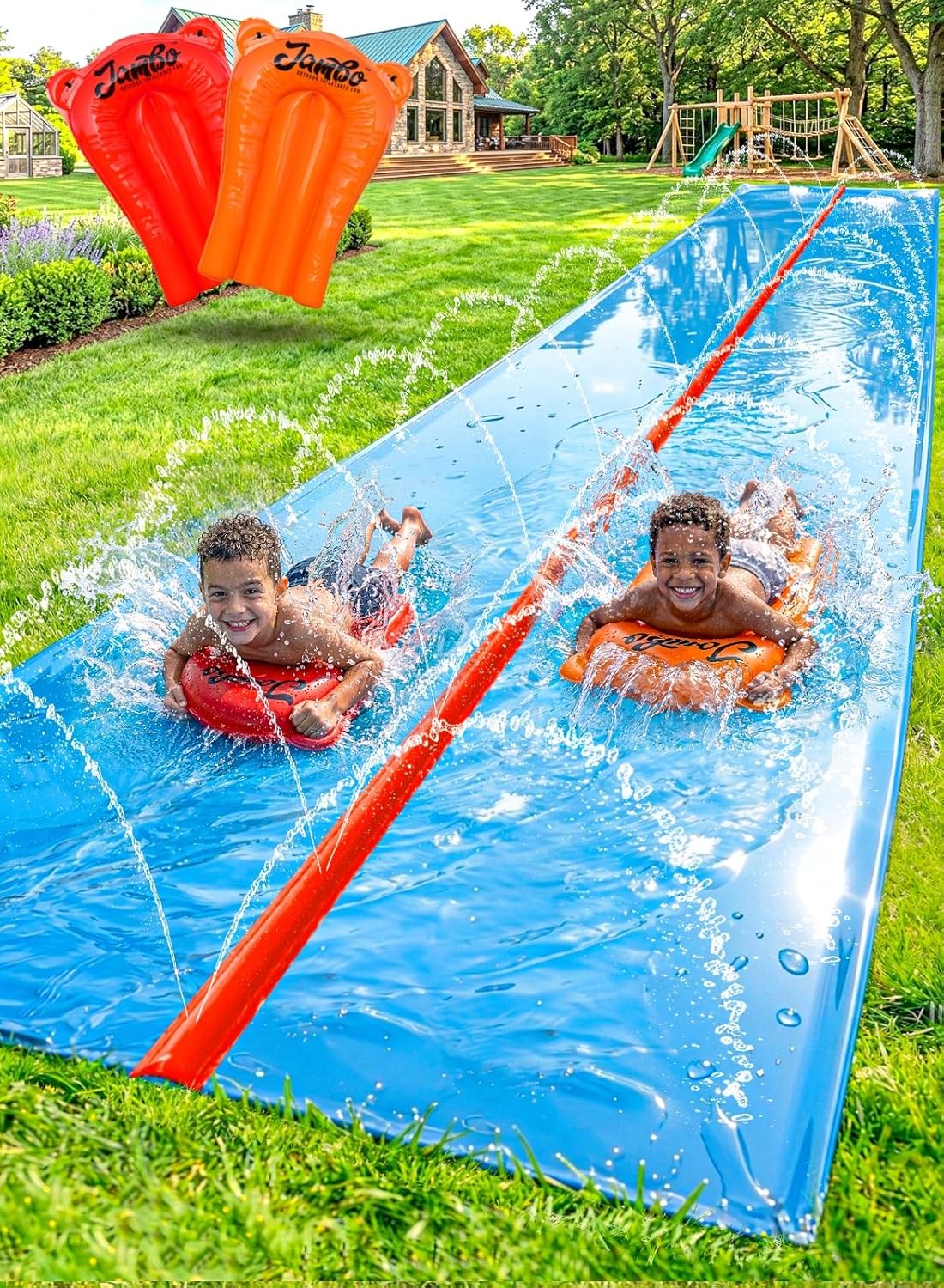 40FT Mega Slip & Splash Water Slide – Double Lane Backyard Waterslide with Red Sprinkler & 2 Bodyboards
