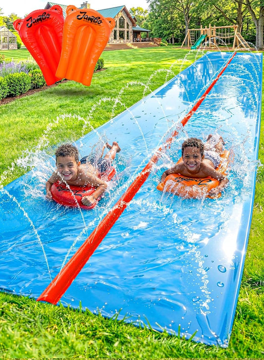 40FT Mega Slip & Splash Water Slide – Double Lane Backyard Waterslide with Red Sprinkler & 2 Bodyboards