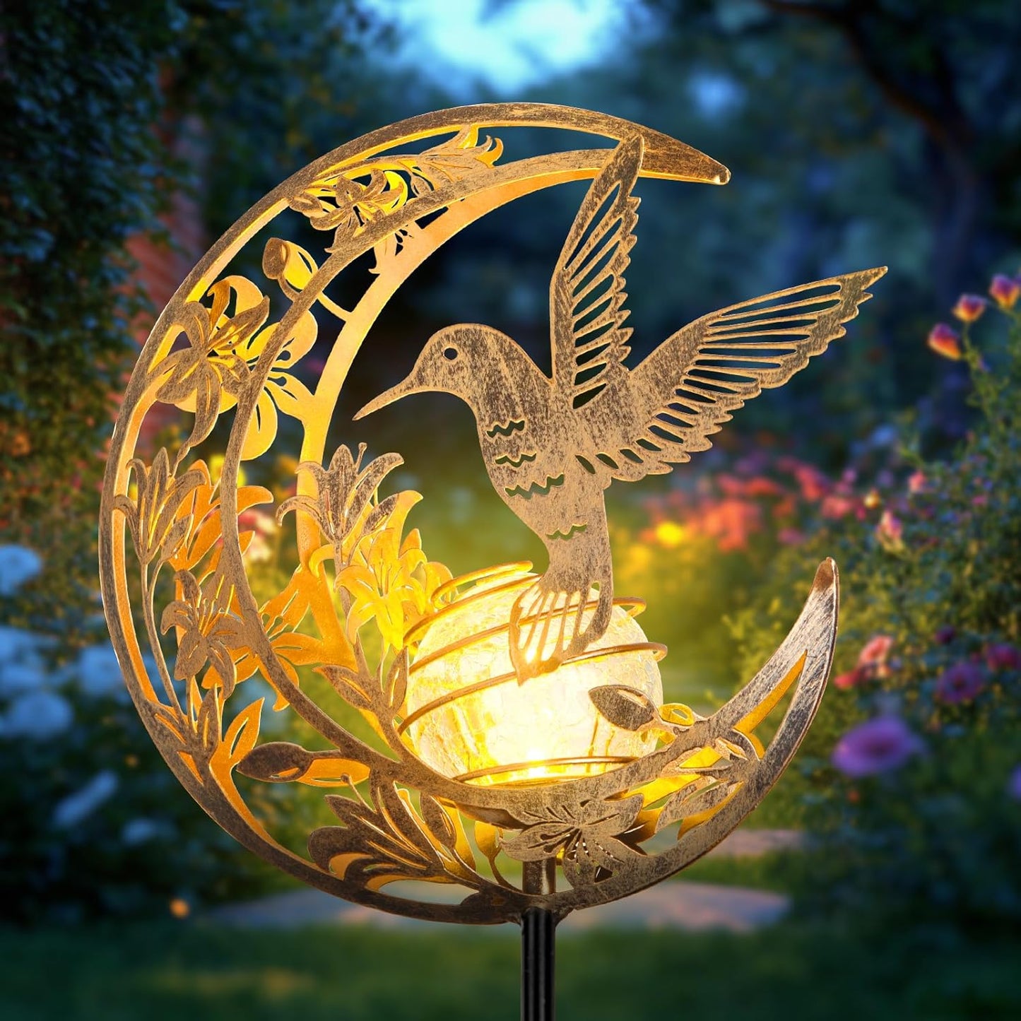 Solar Hummingbird Stake Light – Moon & Bird Metal Outdoor Decor, Waterproof Auto On/Off Pathway Light for Yard, Lawn, Patio & Garden