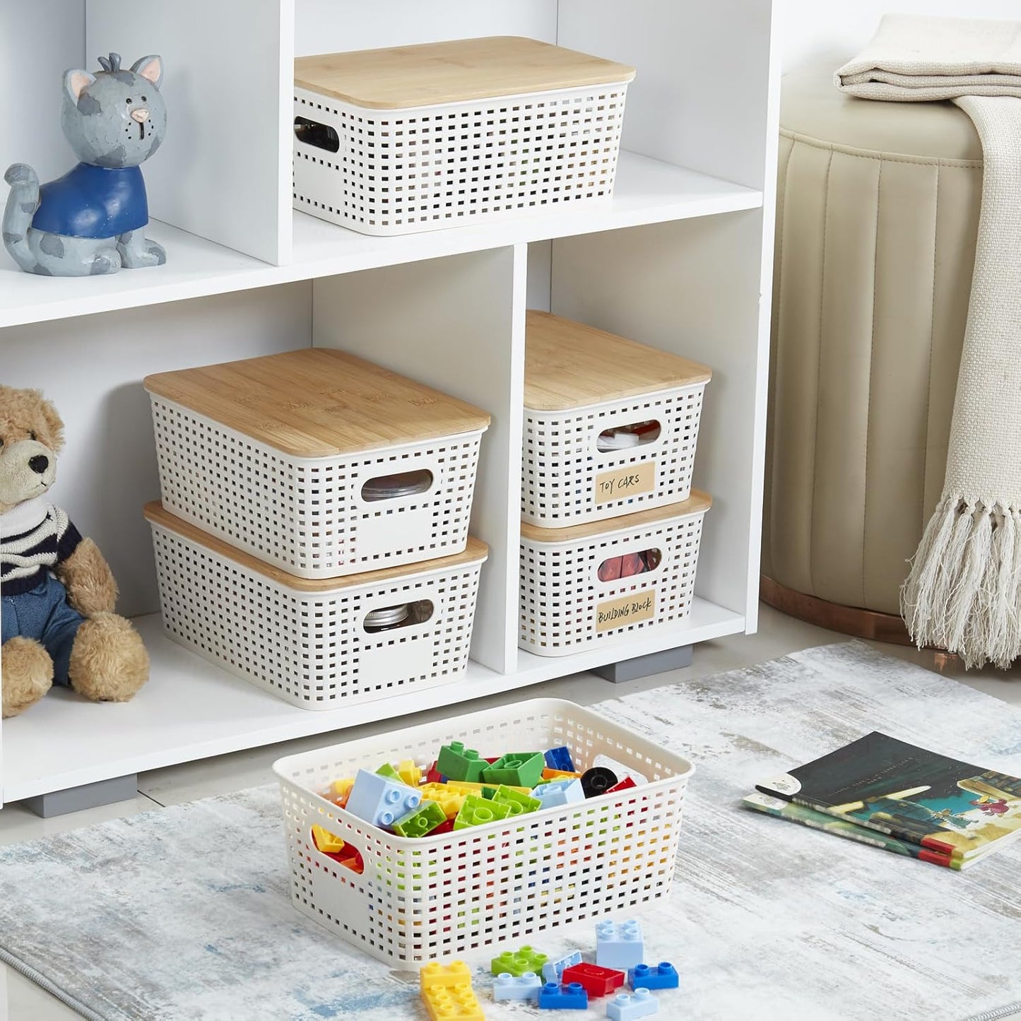 Small Plastic Storage Bins with Bamboo Lids – 5.2 Qt Stackable Organizer Boxes with Labels – Cream White (6 Pack)