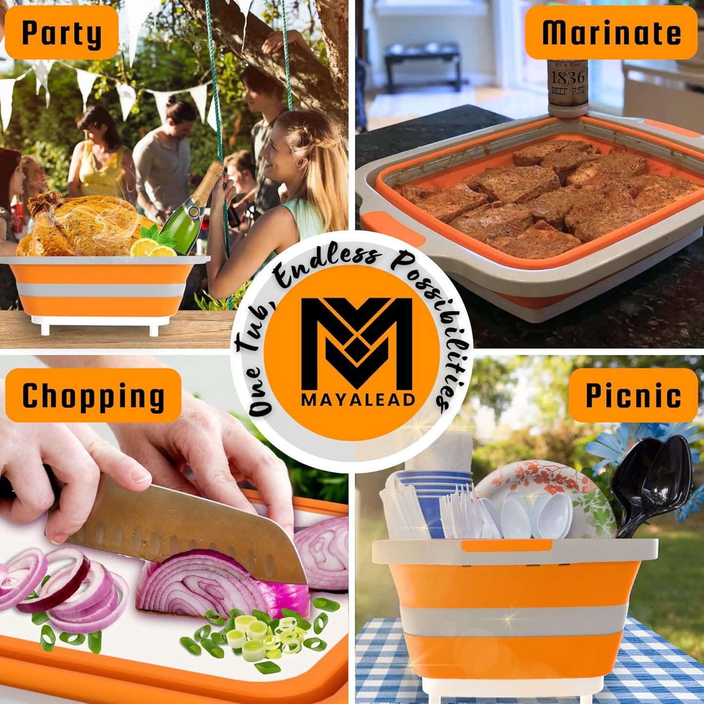 BBQ Prep Tub XL Size with 2 Meat Shredder Claws, Collapsible Cutting Board, and Drip Easy Lid