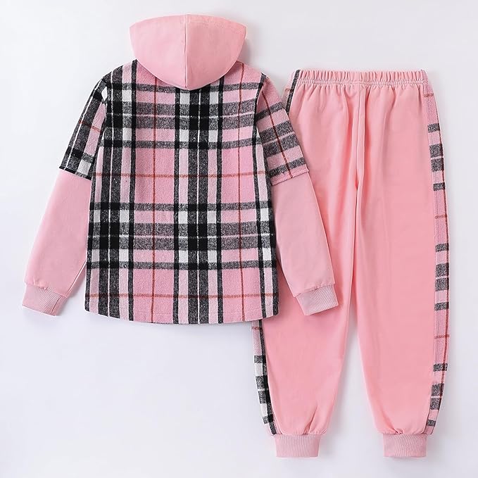 Girls’ 2-Piece Plaid Hoodie & Jogger Sweatpants Set – Zip-Up Flannel Outfit (Ages 7–8)