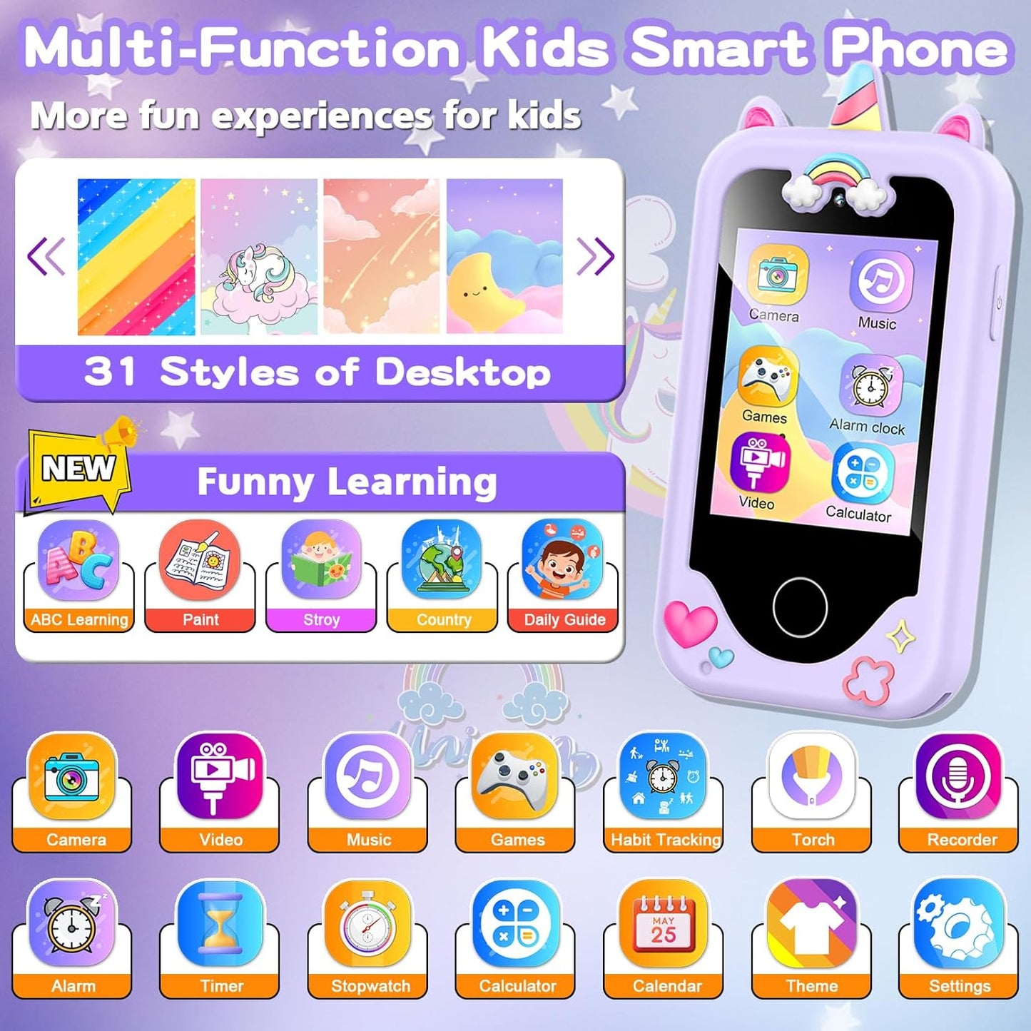Kids Smart Phone for Girls – 2.8" Touchscreen Learning Toy with Dual Camera, Games & Music (Purple)
