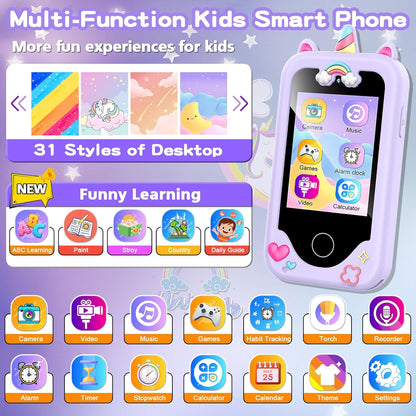 Kids Smart Phone for Girls – 2.8" Touchscreen Learning Toy with Dual Camera, Games & Music (Purple)