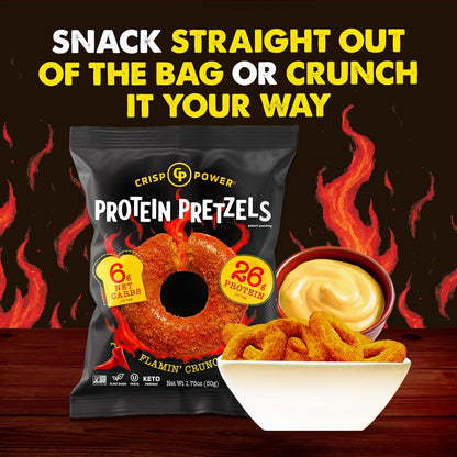 Flamin’ Crunch Protein Pretzels – 26g Protein, High Fiber, Low Carb – No Added Sugar – 6 Pack – Vegan & Keto